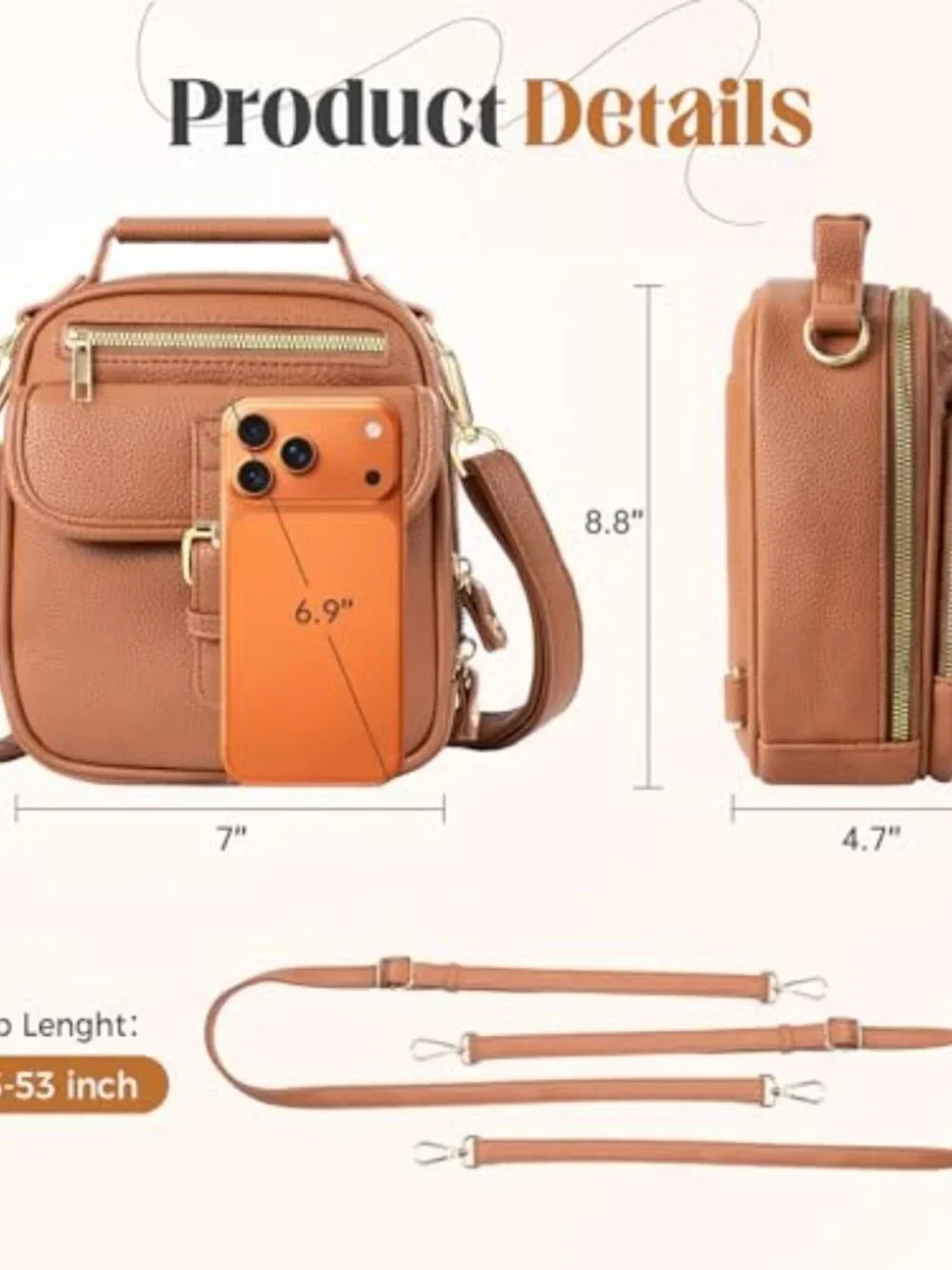 Vegan Leather Crossbody Bag with 2 Straps Anti Theft RFID